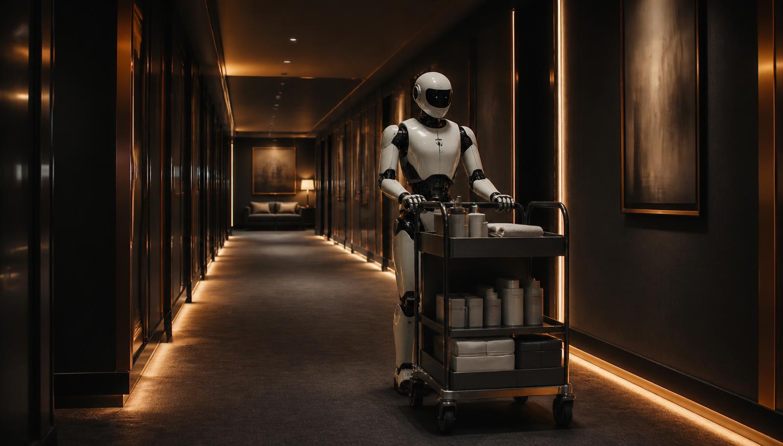 Humanoid robot pushing a supply cart along a corporate facility corridor