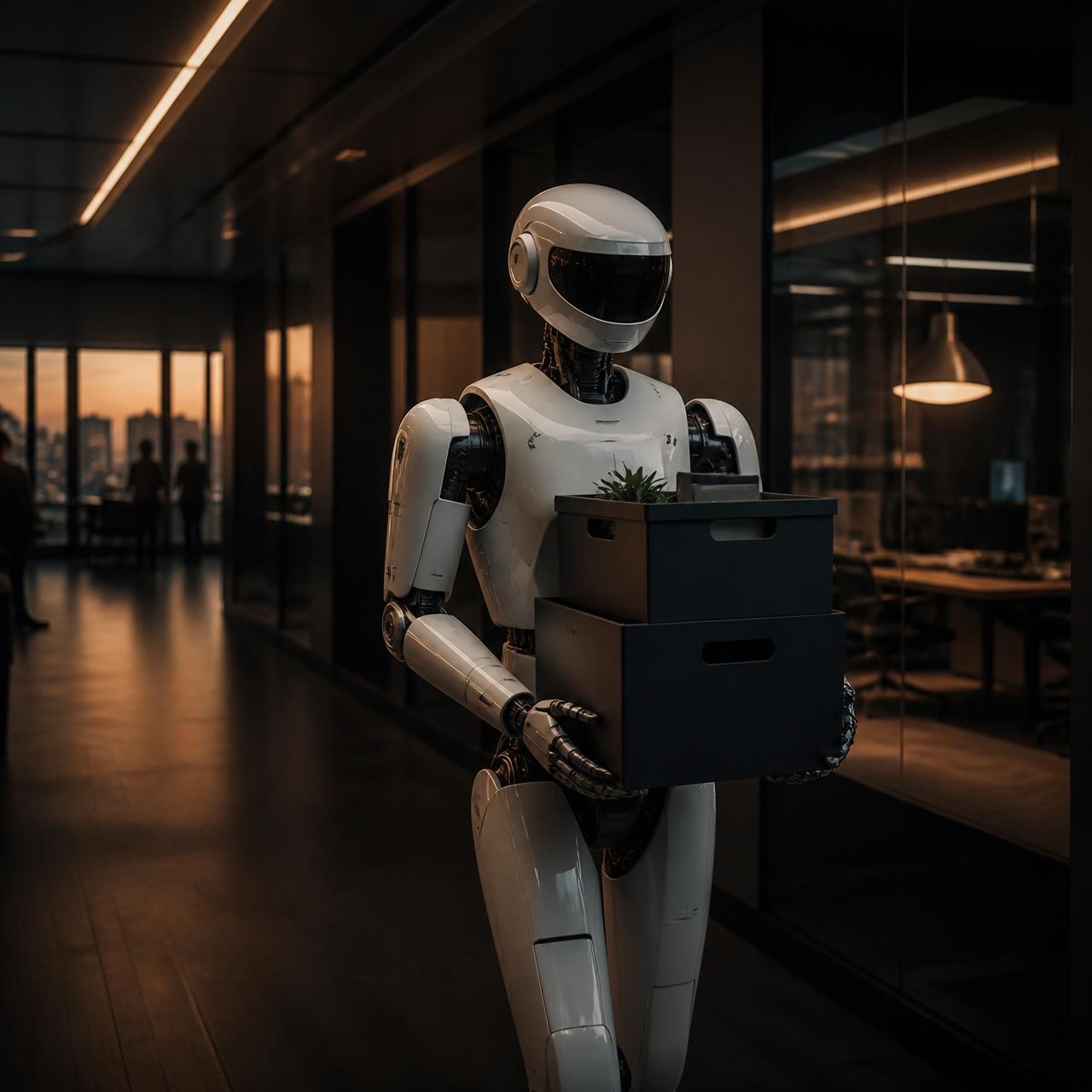 Humanoid robot carrying storage boxes while assisting staff in a corporate office
